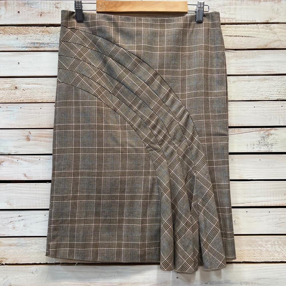 Vintage Brown Plaid Viscose Blend Pleated Ruffle Knee Length Skirt Preppy 42